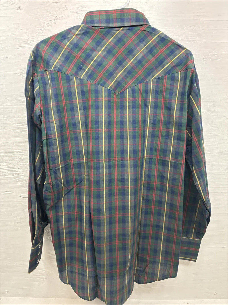 New Men’s ELY Plains Green Plaid Long Sleeve Pearl Snap 16.5 X 34 Large R-19