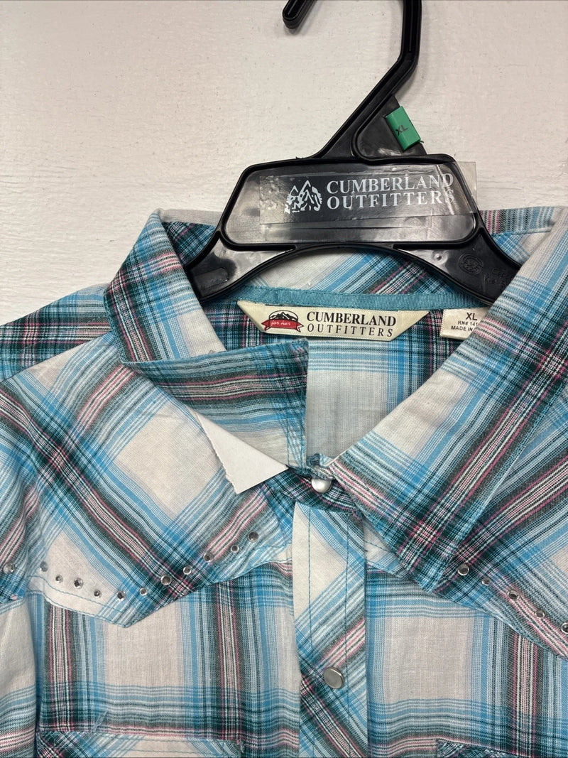 New Women’s Cumberland Blue Plaid Long Sleeve Pearl Snap XL  GG-79