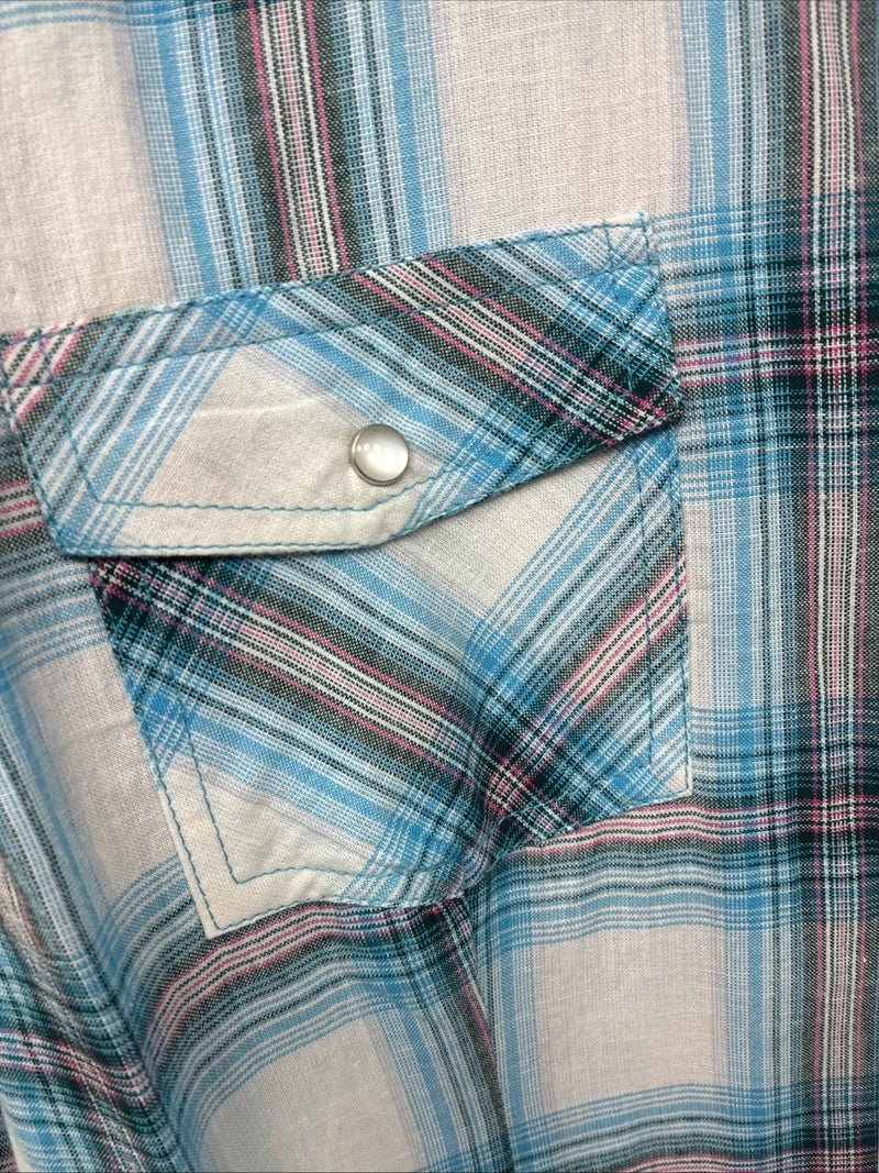New Women’s Cumberland Blue Plaid Long Sleeve Pearl Snap Large GG-78