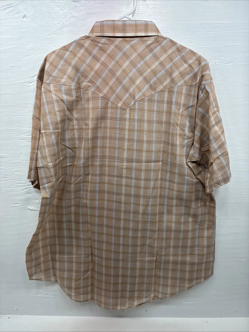 New Men’s ELY Cattleman Tan Plaid Short Sleeve Pearl Snap XL R-62