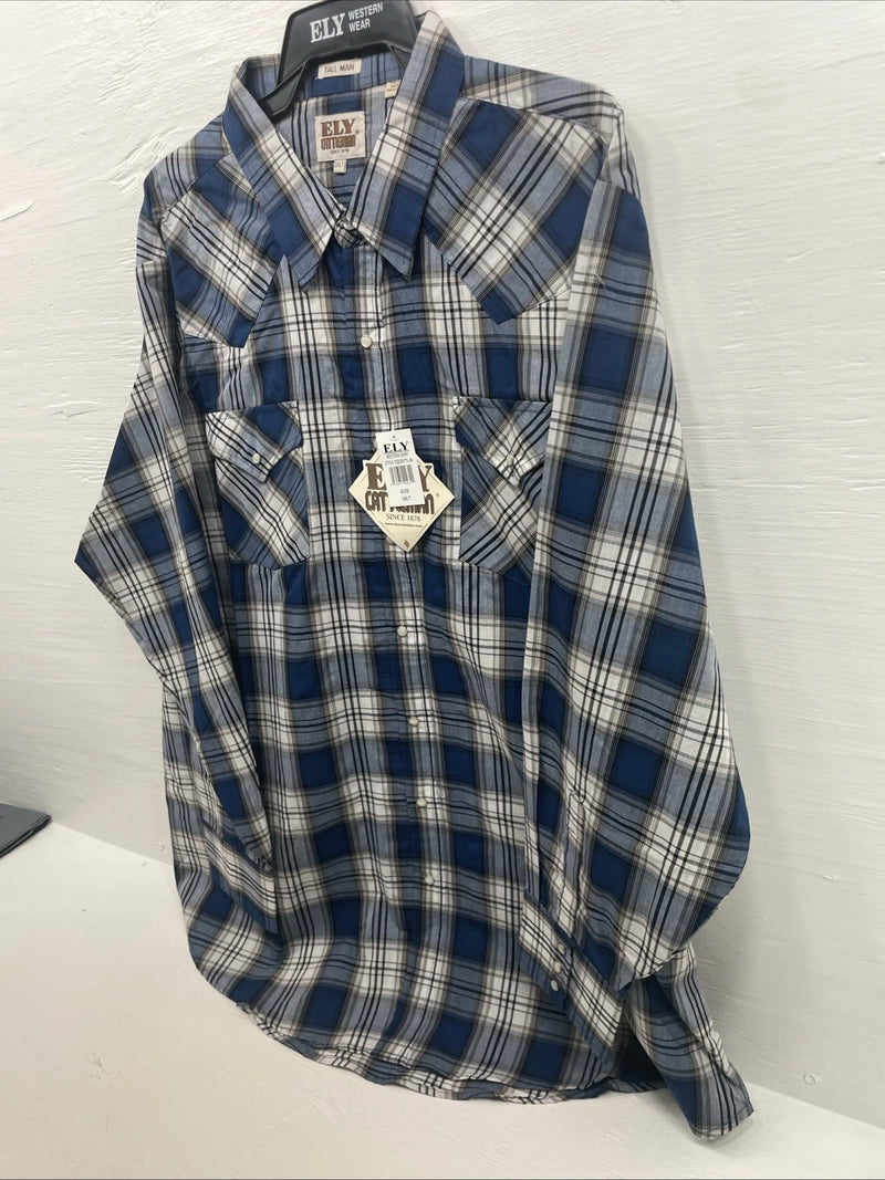 New Men’s ELY Cattleman Blue Long Sleeve Pearl Snap 3XL E-23