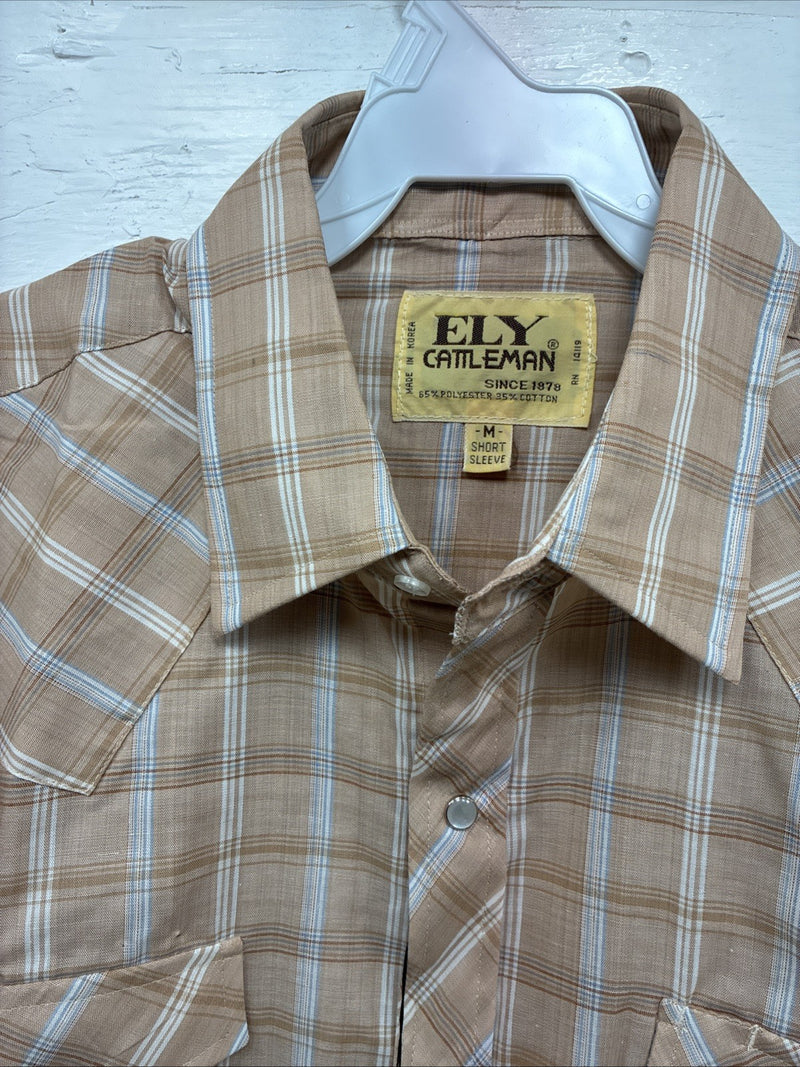 New Men’s ELY Cattleman Tan Plaid Short Sleeve Pearl Snap Medium Short K-70