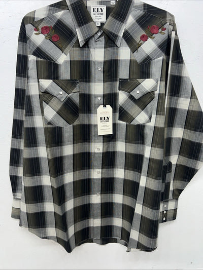 New Men’s ELY Cattleman Green Black Plaid Long Sleeve Pearl Snap Shirt XL S-17