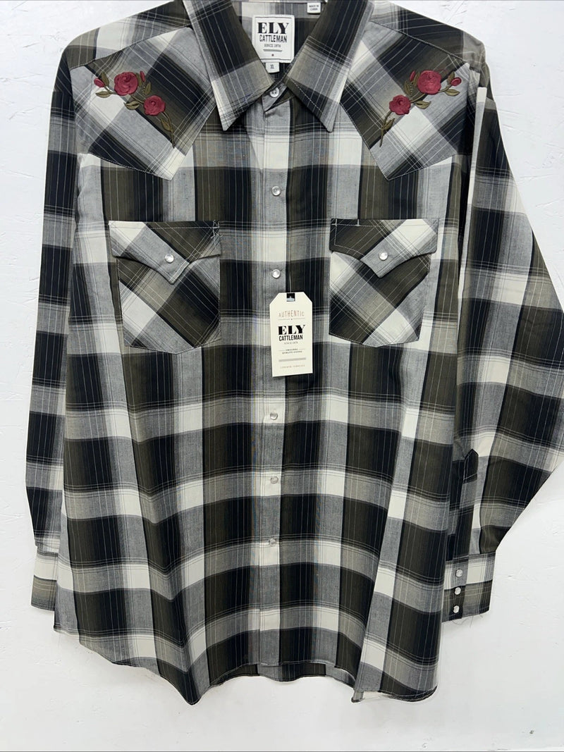 New Men’s ELY Cattleman Green Black Plaid Long Sleeve Pearl Snap Shirt XL S-17