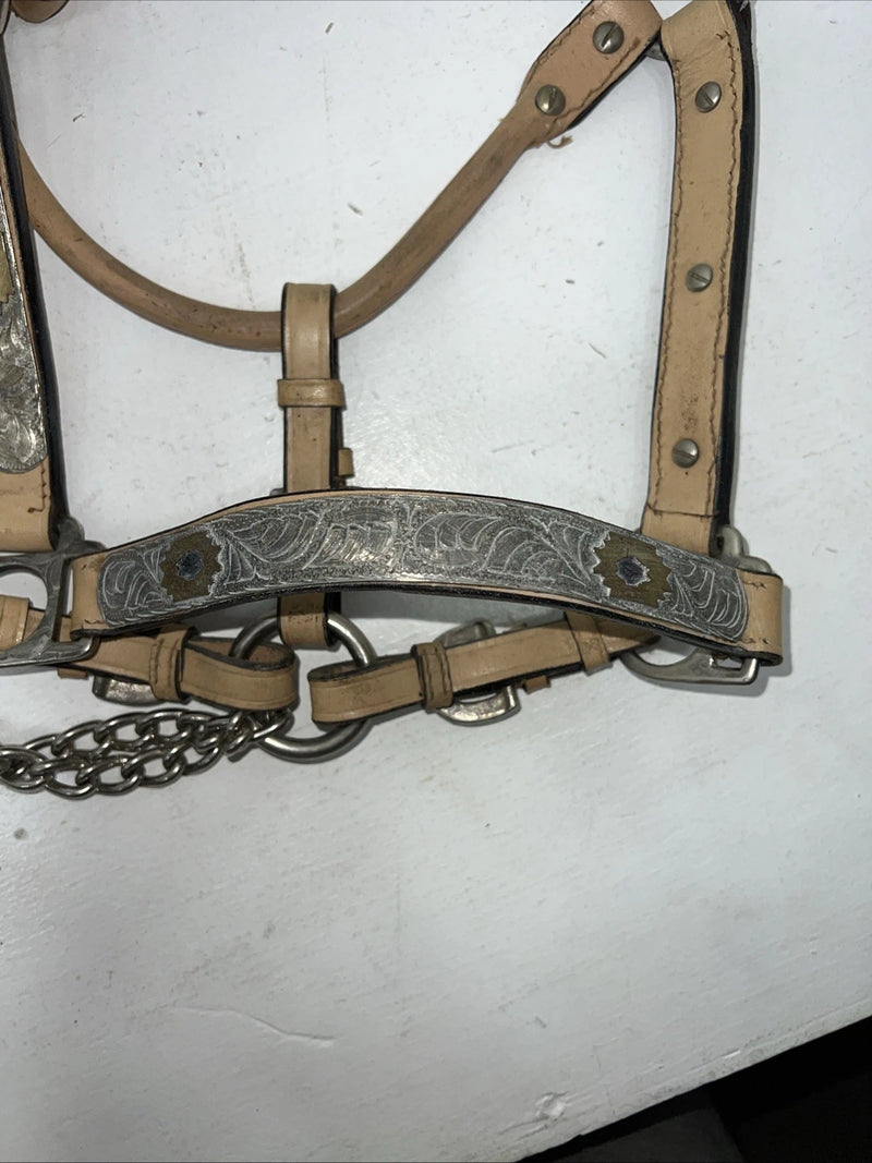 Used Light Oil Genuine Leather Show Halter With Lead Rope Silver Accents W-23