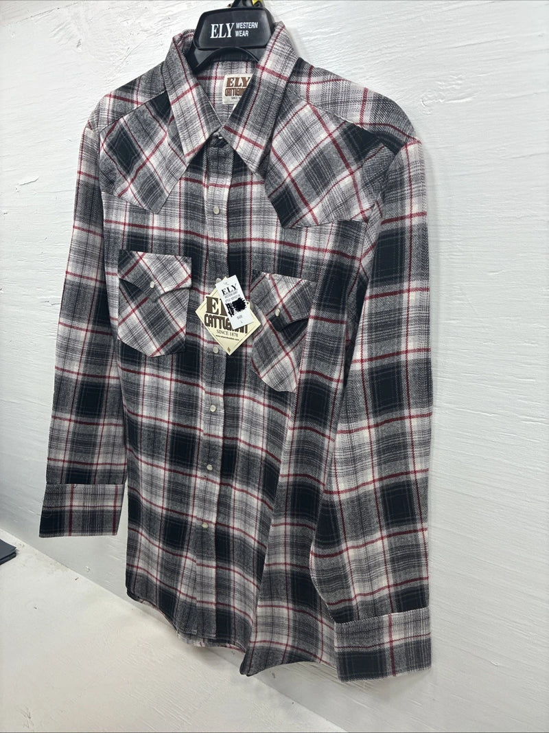 New Men’s ELY Cattleman Black Red Plaid Long Sleeve Pearl Snap Large V-71