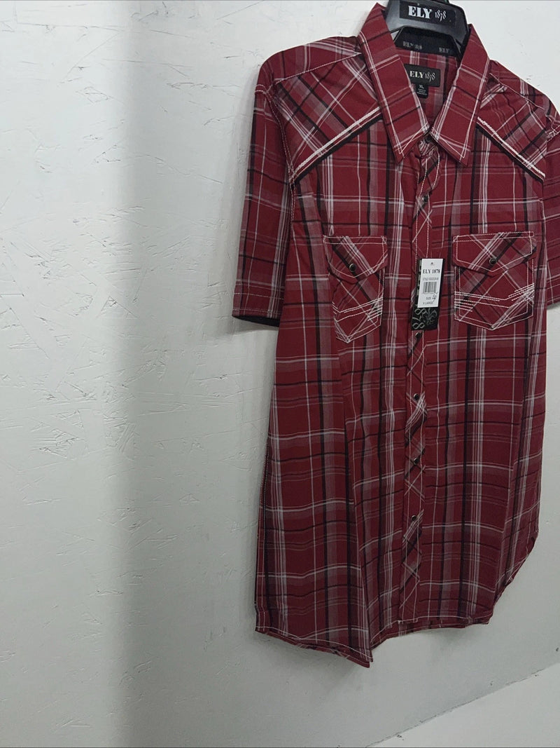 New Men’s Red ELY 1878 Short Sleeve Pearl Snap Shirt. XL S-24