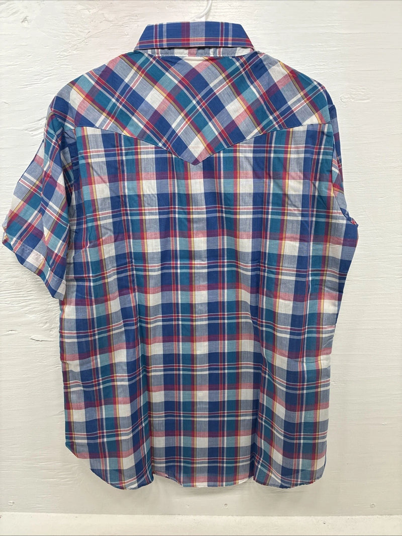 New Men’s ELY Cattleman Multicolor Plaid Short Sleeve Pearl Snap Large X-25