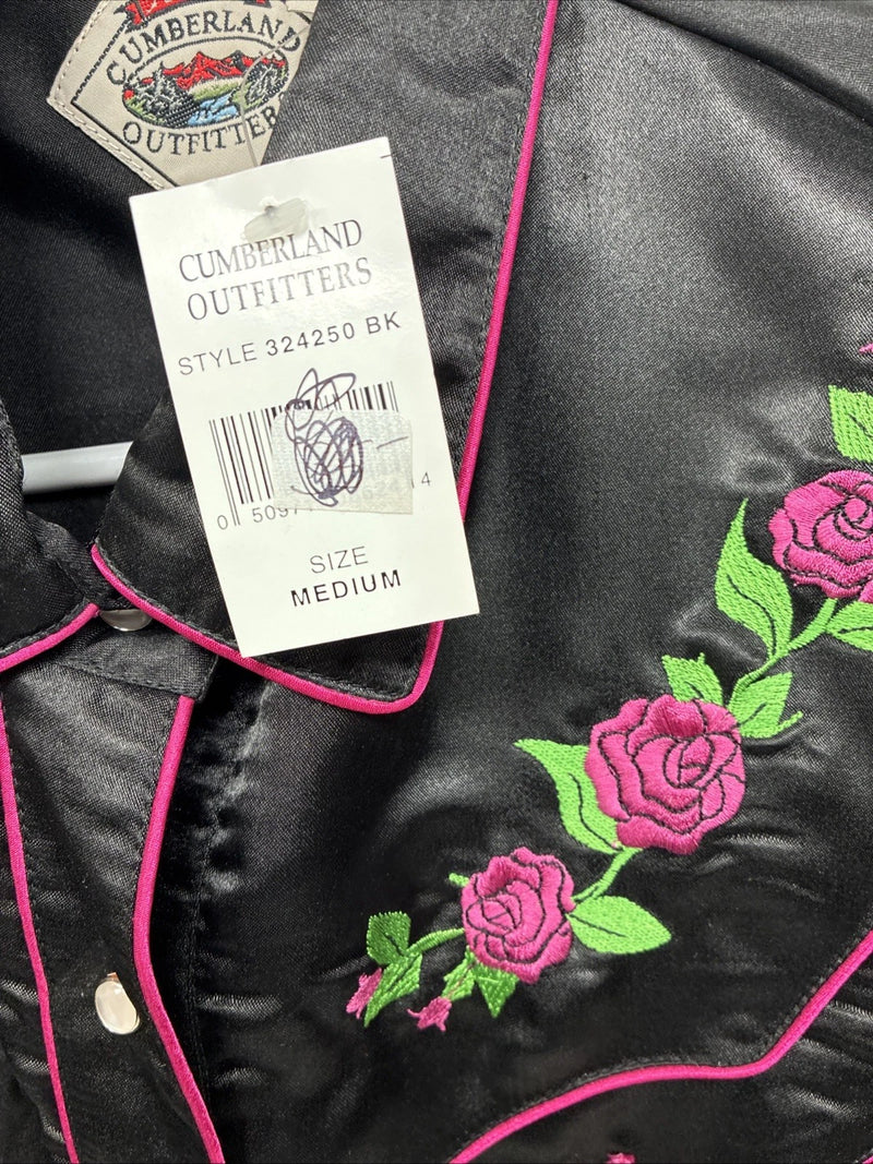 New Women’s Cumberland Black Rose Long Sleeve Pearl Snap Medium LL-86