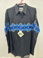New Men’s Cumberland Black Blue Design Long Sleeve Pearl Snap Large CC-55