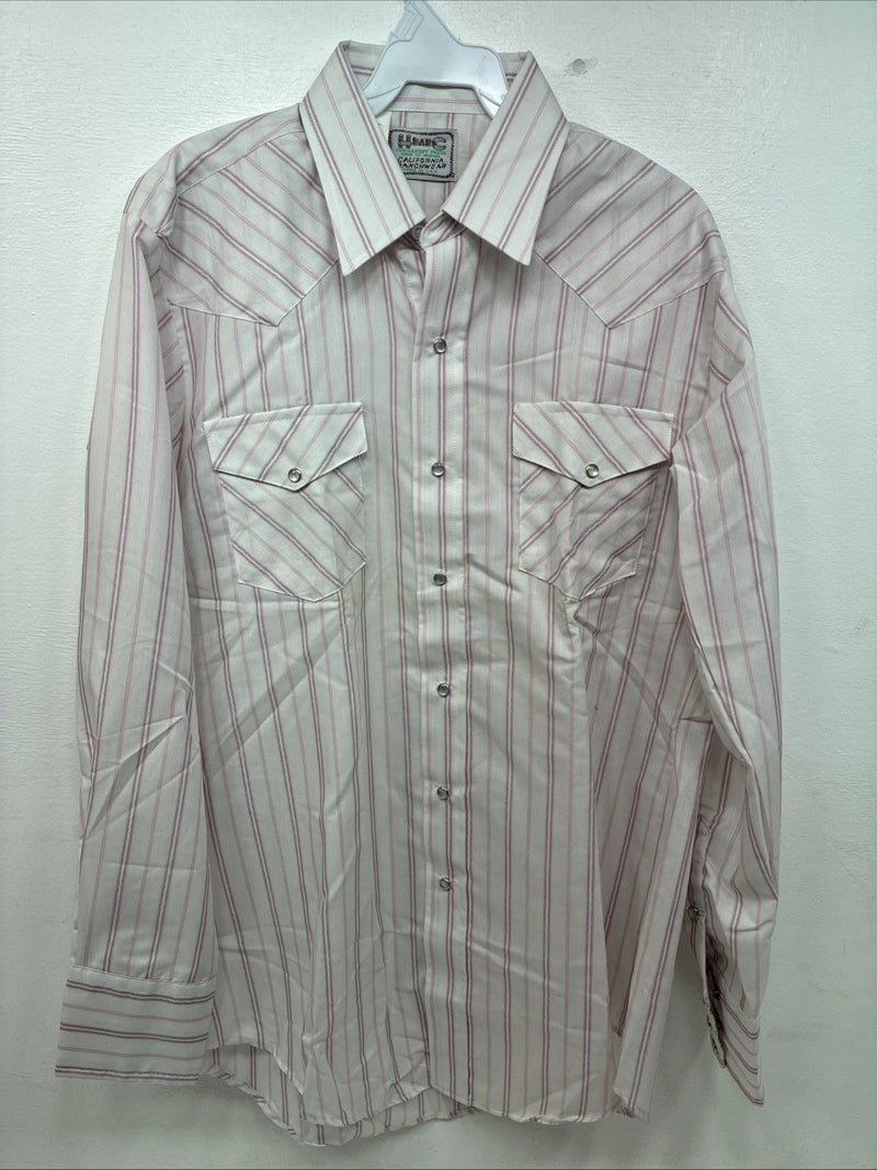 New Women’s H Bar C Pink Stripe Long Sleeve Pearl Snap Size 35 MM-25