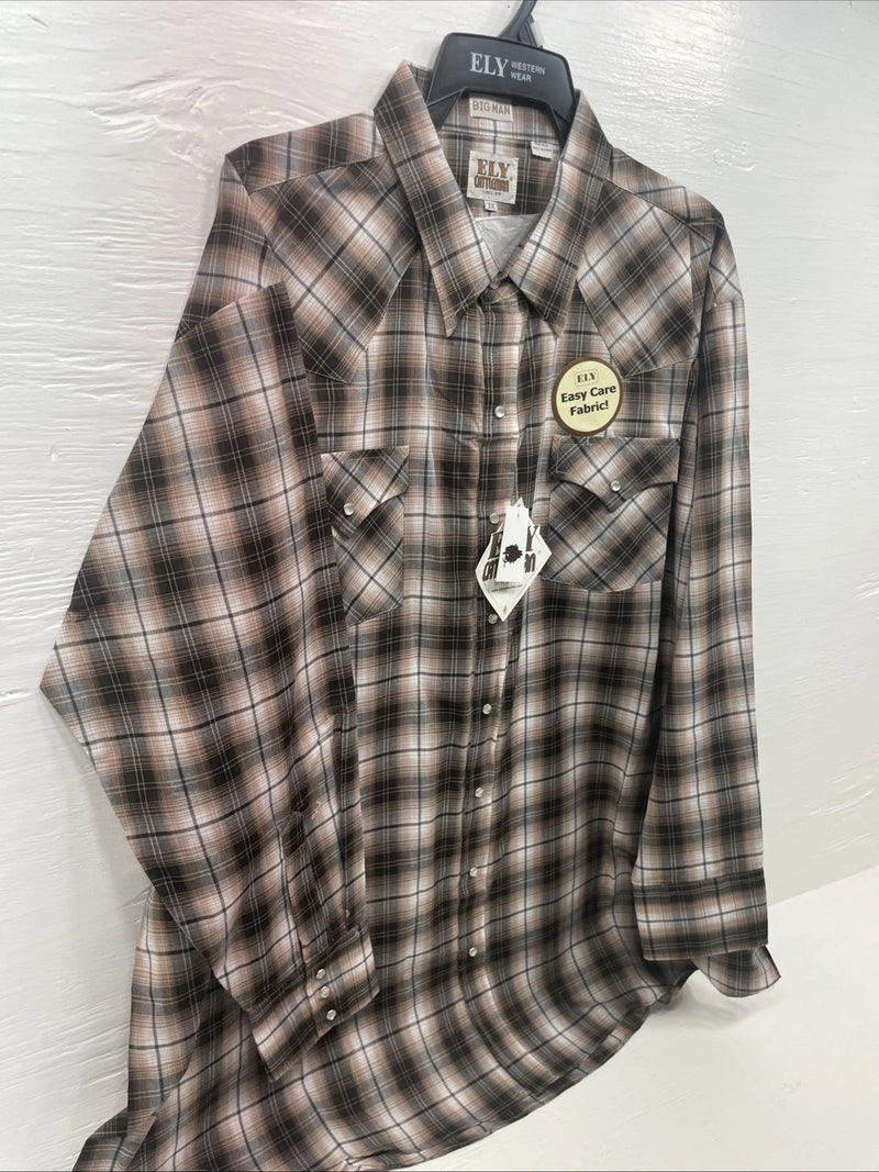 New Men’s ELY Cattleman Tan Long Sleeve Pearl Snap 3XL E-34