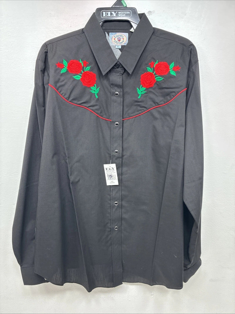 New Women’s Country Charmers Black Rose Long Sleeve Pearl Snap XL II-59
