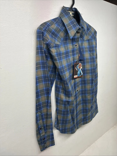 New Women’s Panhandle Slim Blue Plaid Long Sleeve Pearl Snap Size 30 KK-91