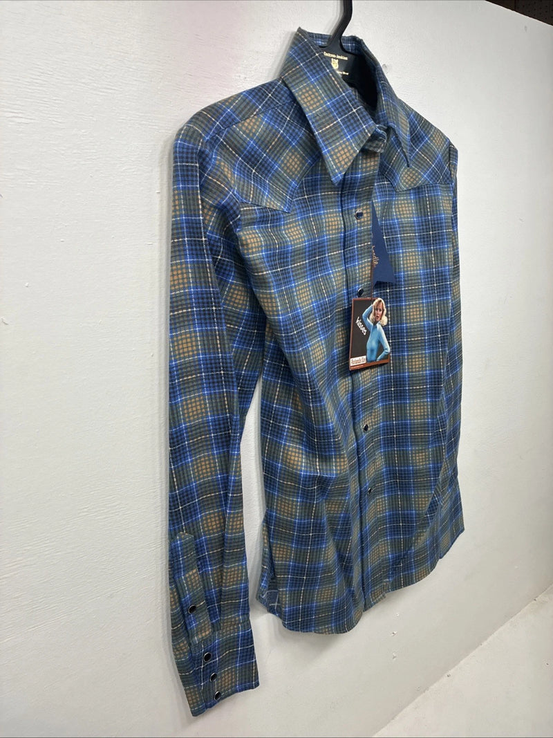 New Women’s Panhandle Slim Blue Plaid Long Sleeve Pearl Snap Size 30 KK-91
