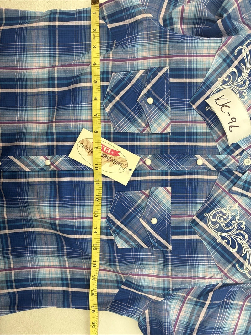 New Women’s Cumberland Blue Purple Plaid Long Sleeve Pearl Snap Medium KK-96