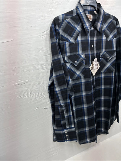 New Men’s ELY Cattleman Blue Black Plaid Long Sleeve Pearl Snap XL O-66