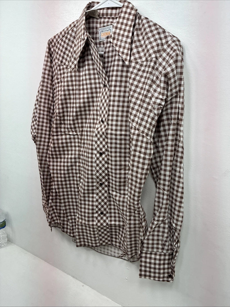 New Women’s Karman Brown Checkered Long Sleeve Pearl Snap Size 38 II-88