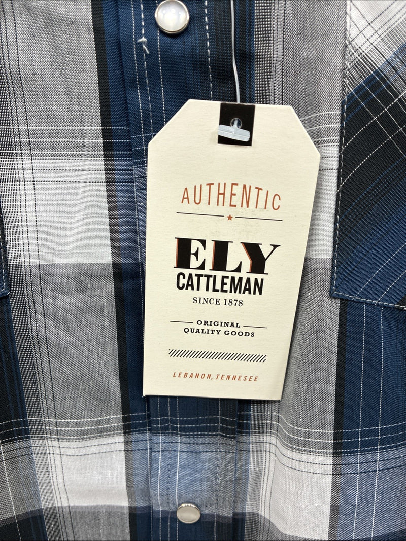 New Men’s ELY Cattleman Blue Gray Plaid Long Sleeve Pearl Snap Medium J-90