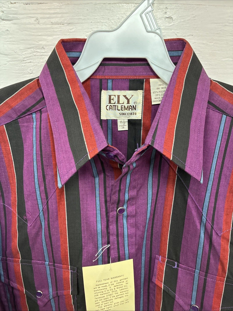 New Men’s ELY Cattleman Purple Stripe Long Sleeve Pearl Snap 15.5 Medium AA-112