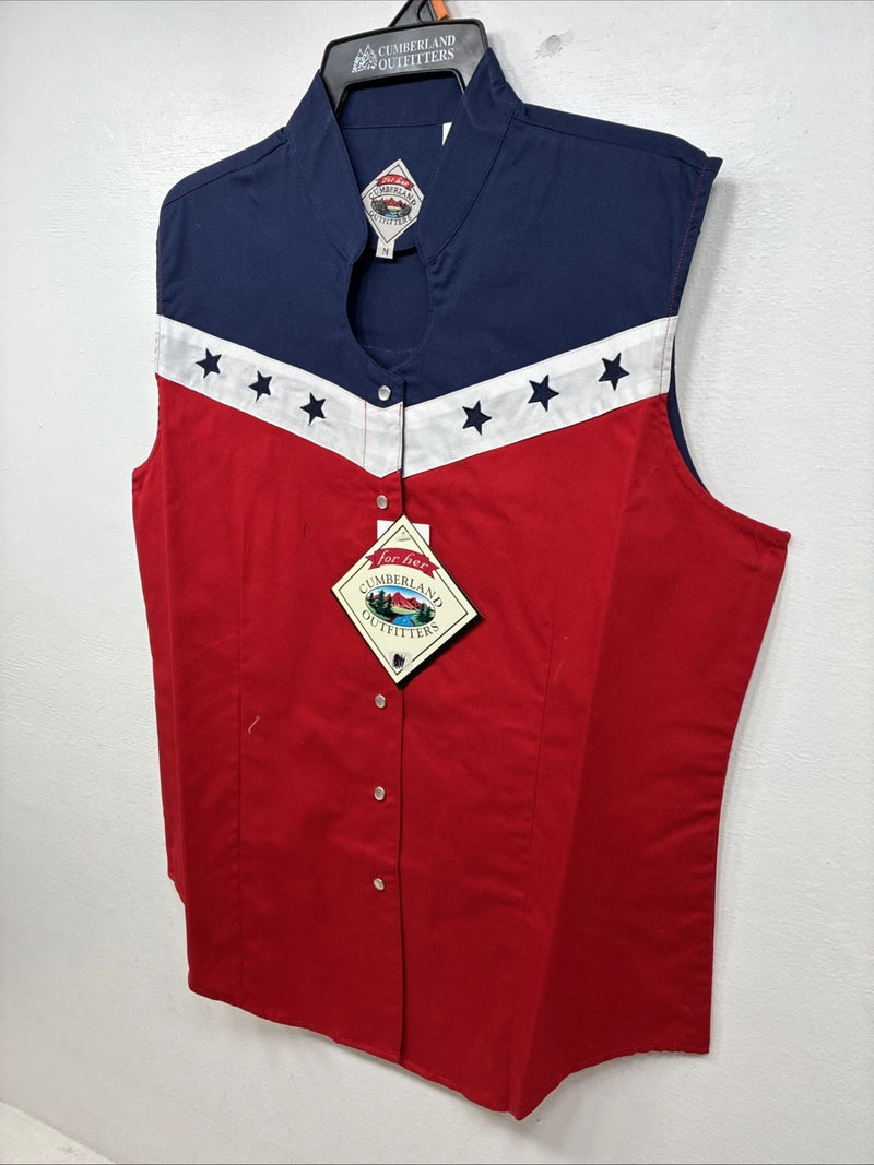 New Women’s Cumberland Red Blue Short Sleeve Pearl Snap Medium MM-111