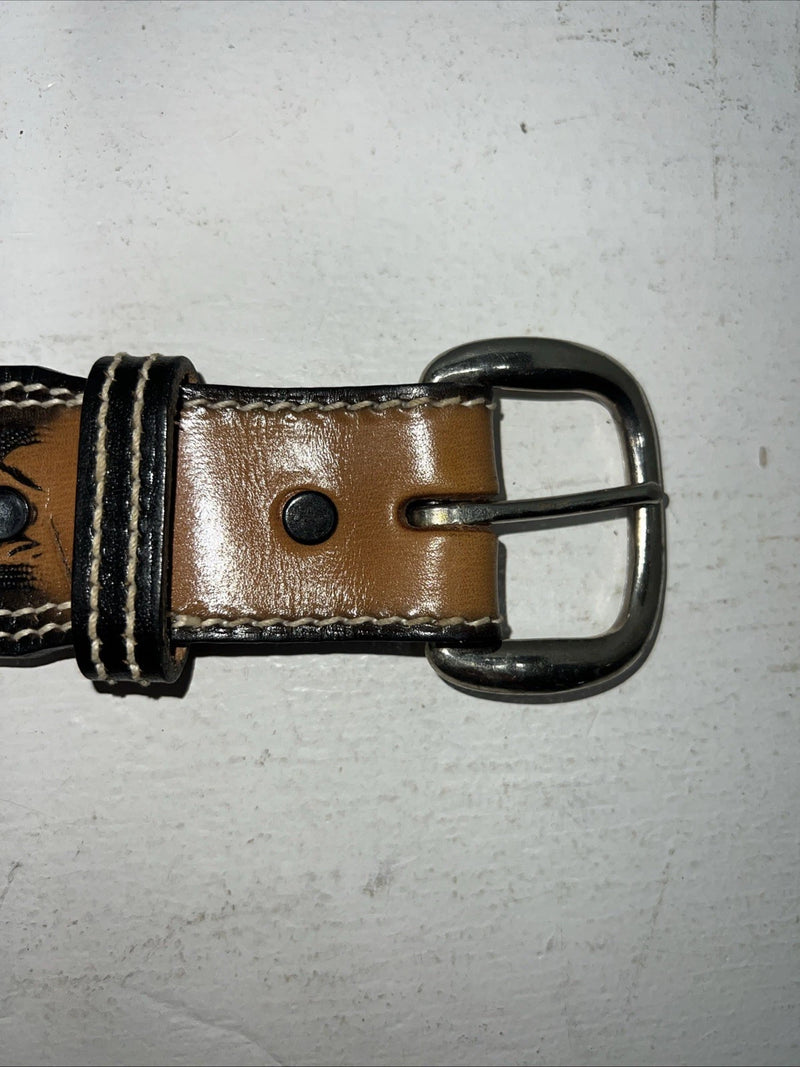 New Brown Black Perkies Hand Tooled Genuine Leather Belt 30” #7512 W-11