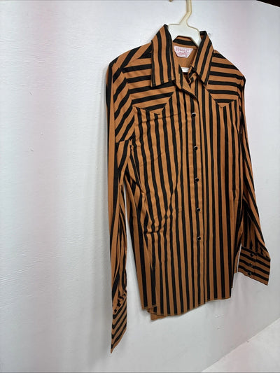 New Women’s H Bar C Orange Black Stripe Long Sleeve Pearl Snap Size 34 LL-103
