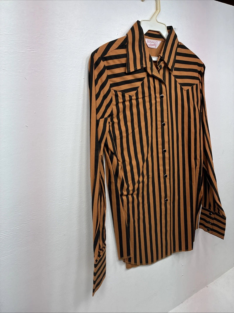 New Women’s H Bar C Orange Black Stripe Long Sleeve Pearl Snap Size 34 LL-103