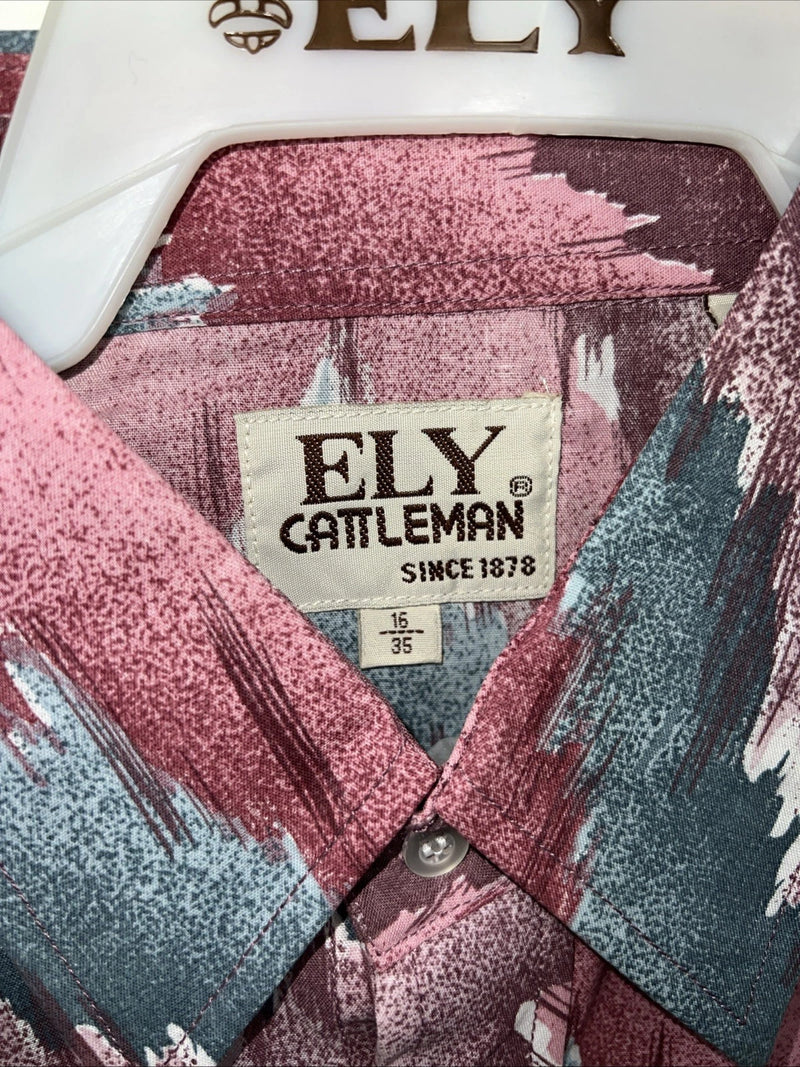 New Mens Pink Blue ELY Cattleman Long Sleeve Pearl Snap Shirt. 16x35 L P-64