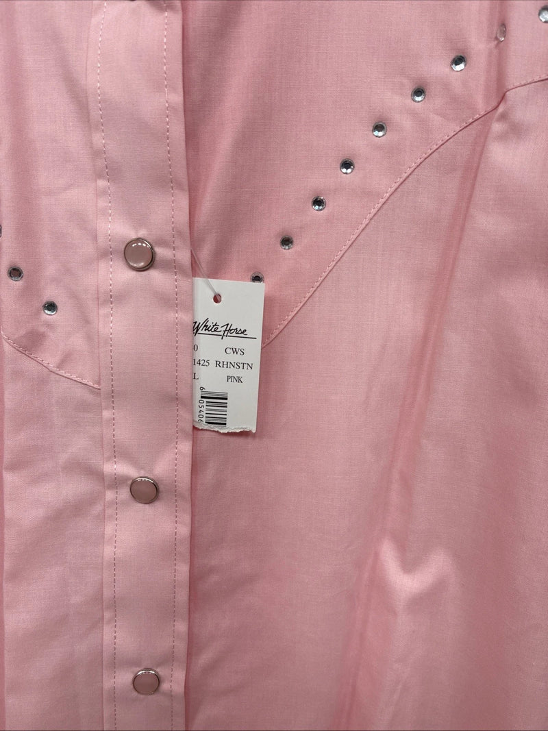 New Women’s White Horse Pink Gem Long Sleeve Pearl Snap XL II-2