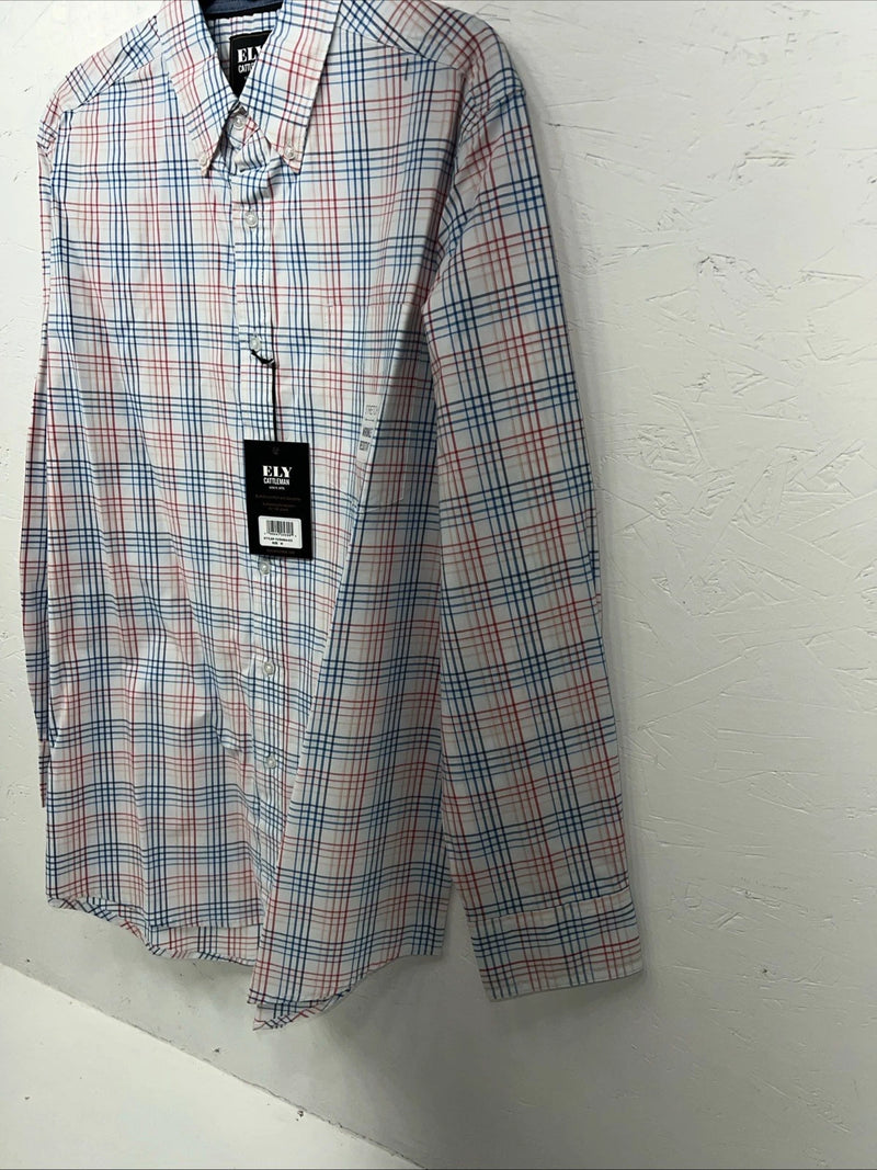 New Men’s Blue Red Plaid ELY Cattleman Button Up Long Sleeve Shirt. M P-42