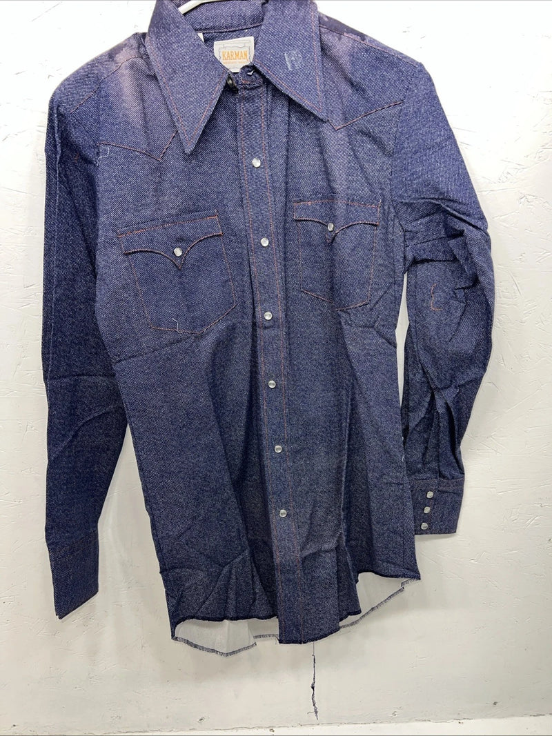 New Men’s Denim Karman Pearl Snap Long Sleeve Shirt 14.5x33 Small P-23
