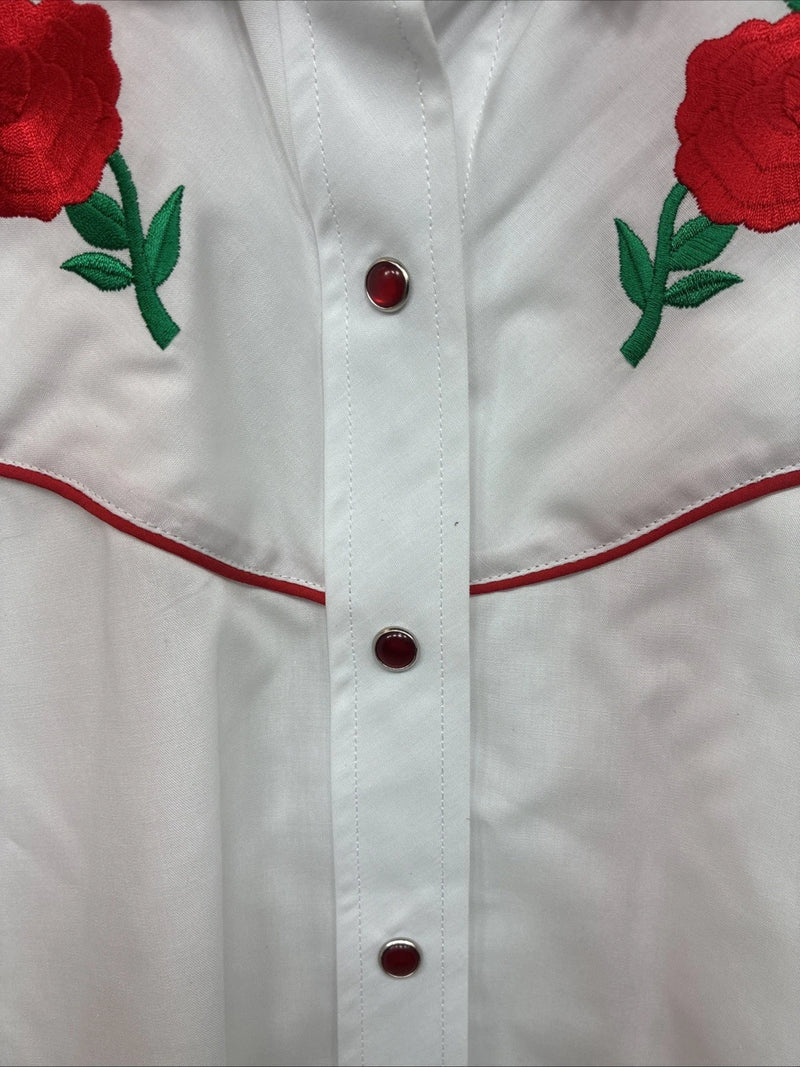 New Women’s Country Charmers White Rose Long Sleeve Pearl Snap Medium LL-55