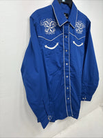 New Women’s Western Express Blue Design Long Sleeve Pearl Snap Large KK-73