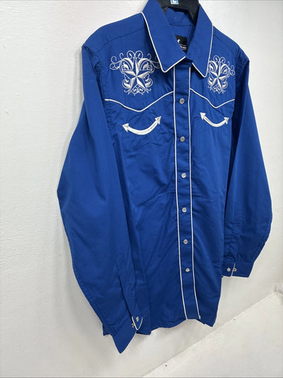 New Women’s Western Express Blue Design Long Sleeve Pearl Snap Large KK-73