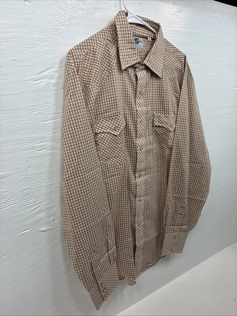 New Men’s Circle S Brown White Checkered Long Sleeve Pearl Snap XL R-14