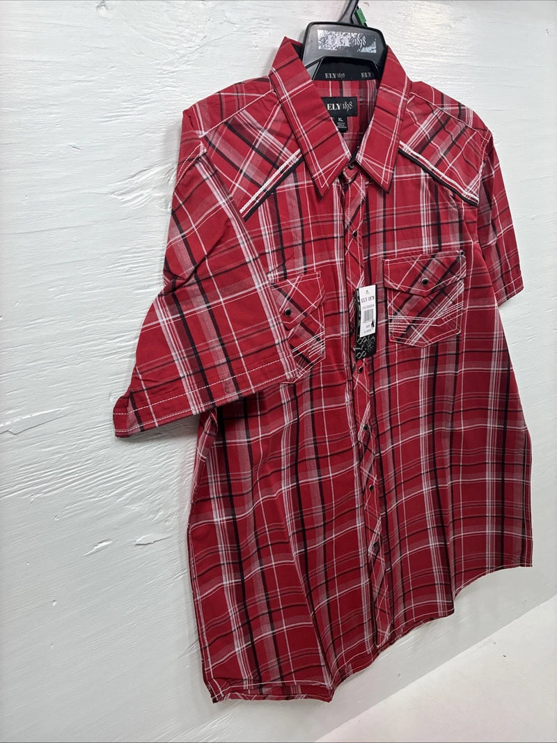 New Men’s ELY 1878 Red Plaid Short Sleeve Pearl Snap XL M-48