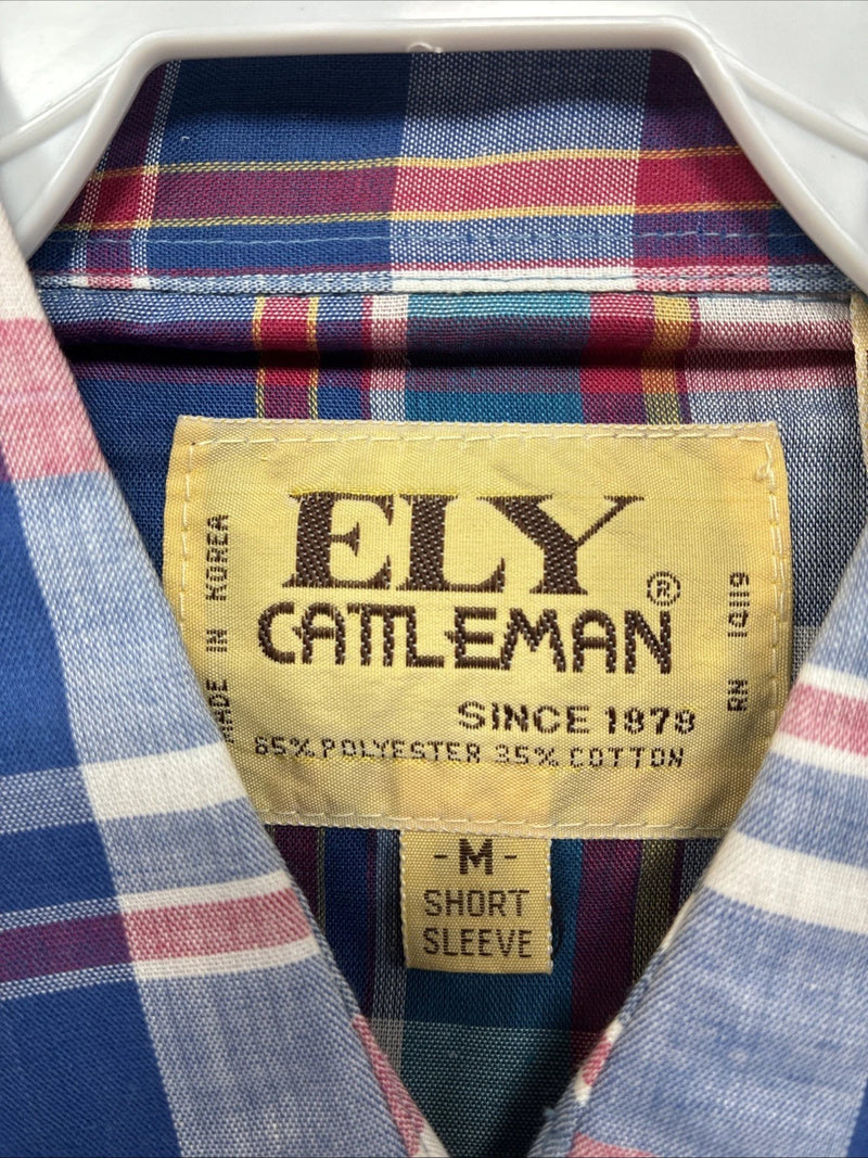 New Men’s ELY Cattleman Purple Plaid Short Sleeve Pearl Snap Medium CC-15