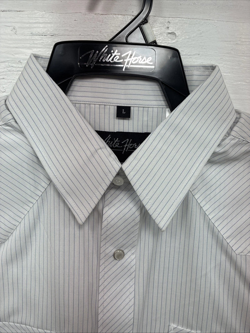New Men’s White Horse White Stripe Short Sleeve Pearl Snap Large X-41