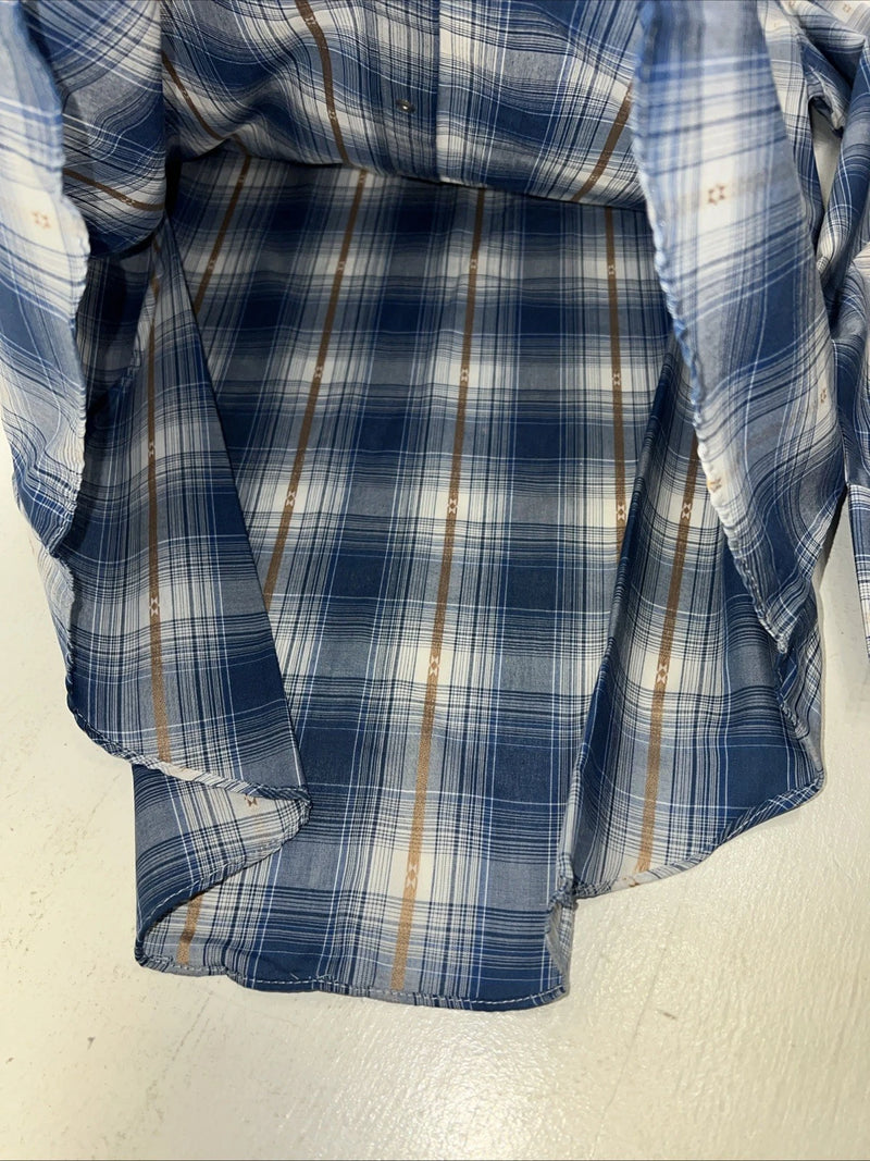 New Men’s Blue Paid ELY Cattleman Long Sleeve Pearl Snap Shirt. Large P-54