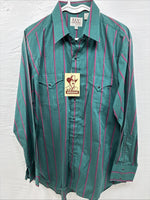 New Men’s ELY Cattleman Green Pink Strip Long Sleeve Pearl Snap 16 X 34 XL H-83