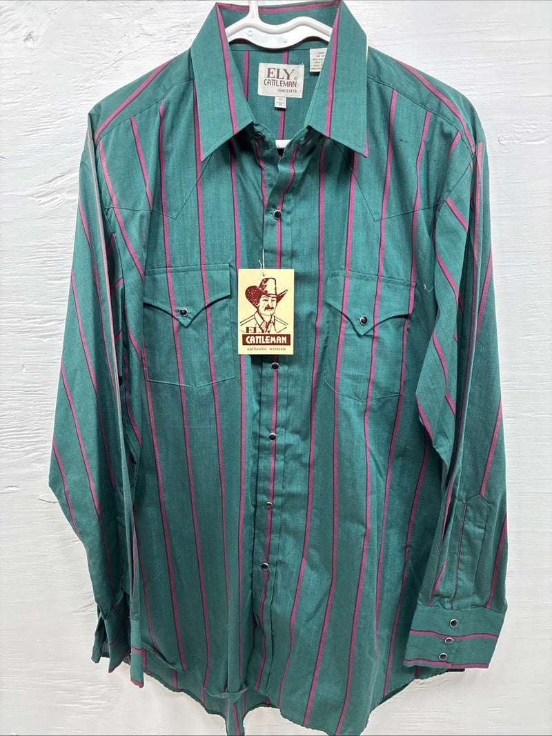 New Men’s ELY Cattleman Green Pink Strip Long Sleeve Pearl Snap 16 X 34 XL H-83