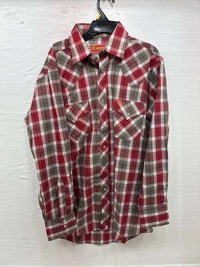 New Men’s ELY Plains Red Brown Plaid Long Sleeve Pearl Snap Medium X-42