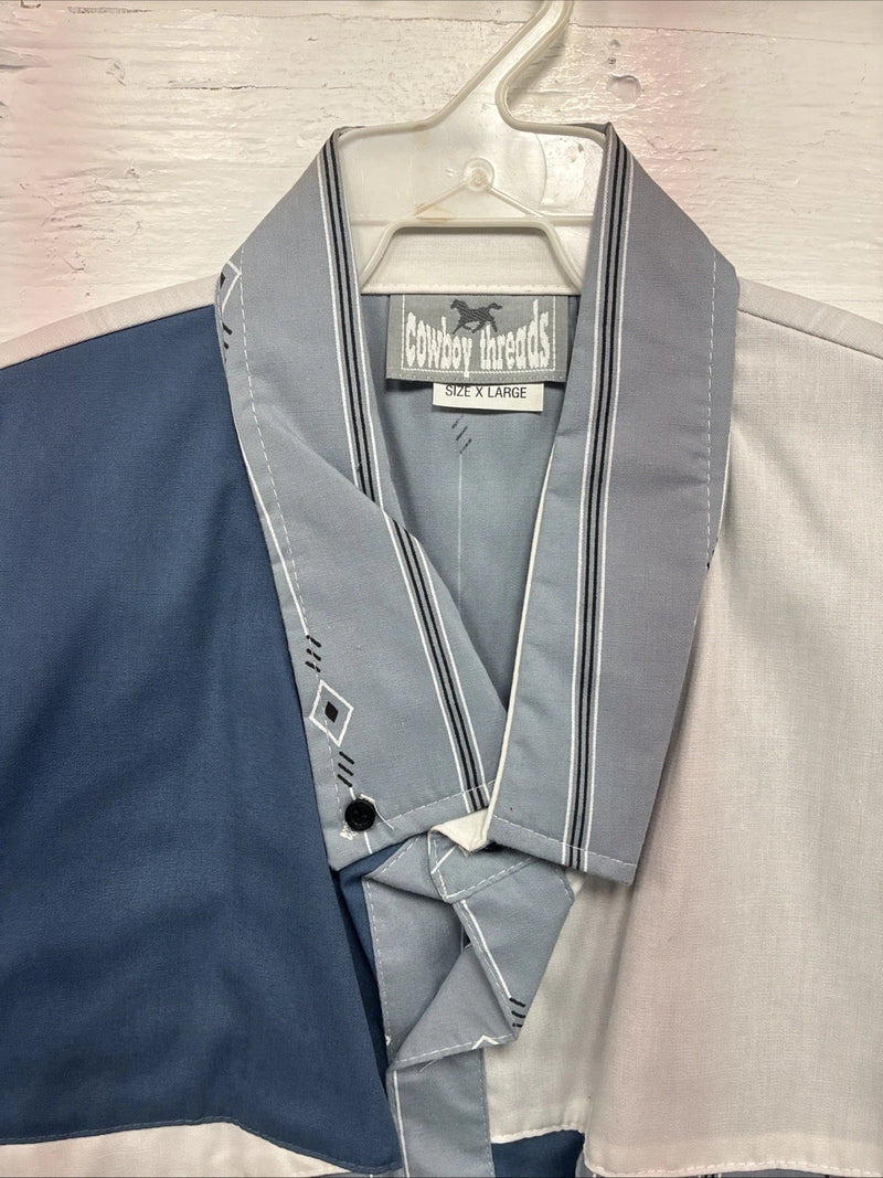 New Men’s Cowboy Threads Blue White Designed Short Sleeve Pearl Snap XL T-19