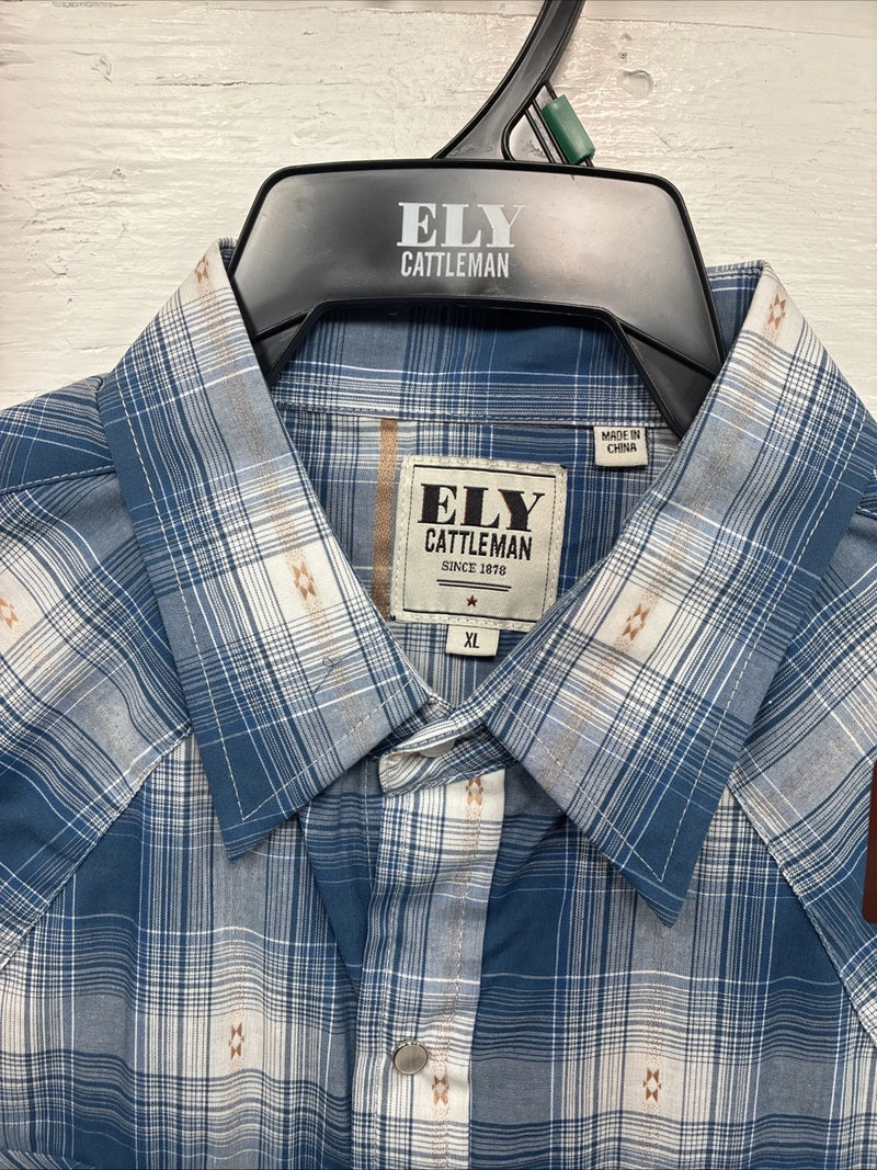 New Men’s ELY Cattleman Blue White Plaid Long Sleeve Pearl Snap XL T-44
