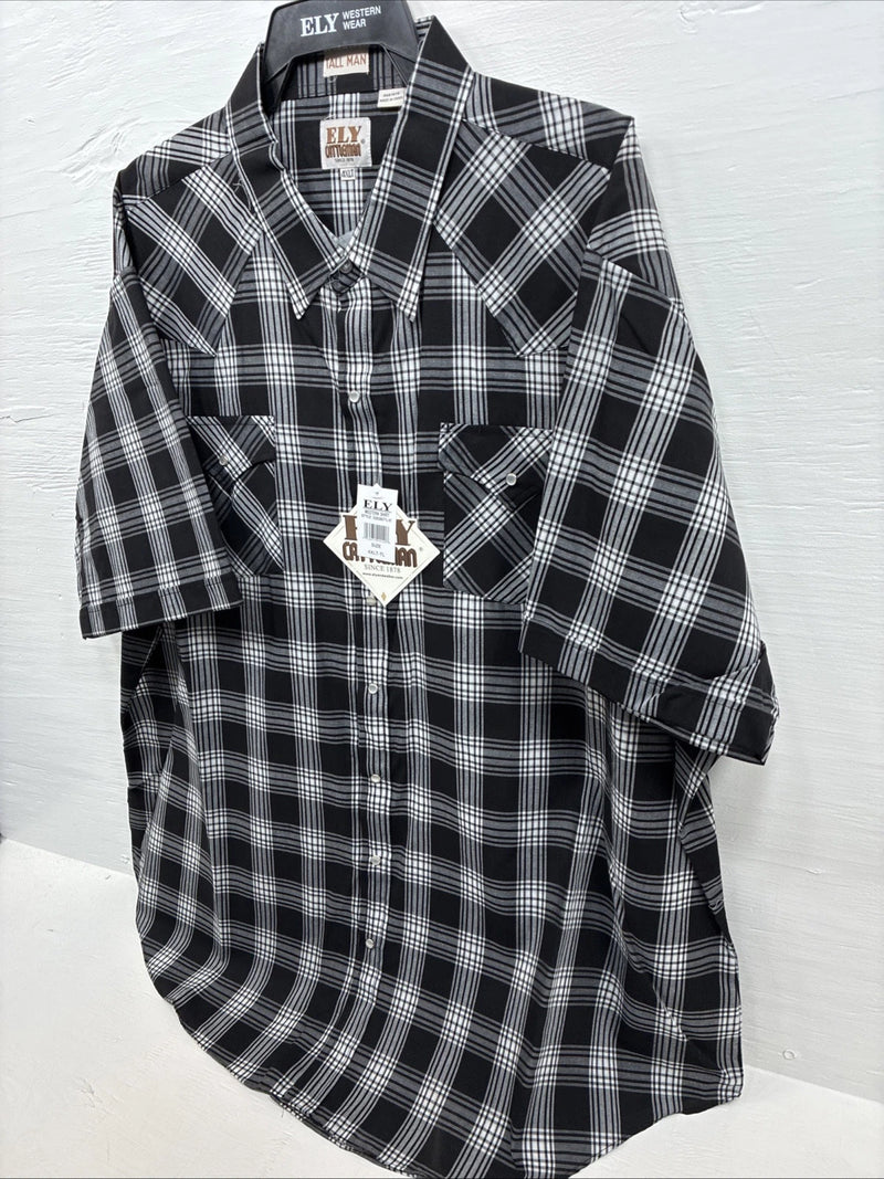 New Men’s ELY Cattleman Black White Flannel Short Sleeve Pearl Snap 4XL E-78