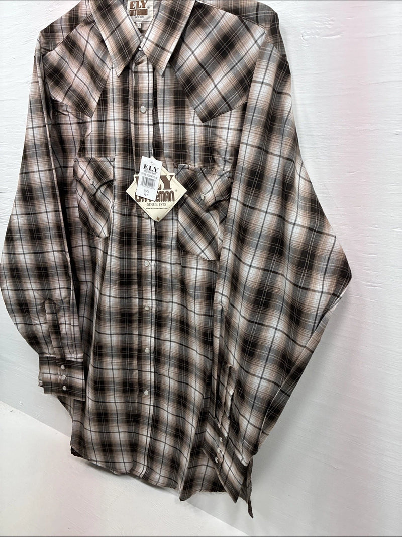 New Men’s ELY Cattleman Brown Plaid Long Sleeve Pearl Snap XL O-42
