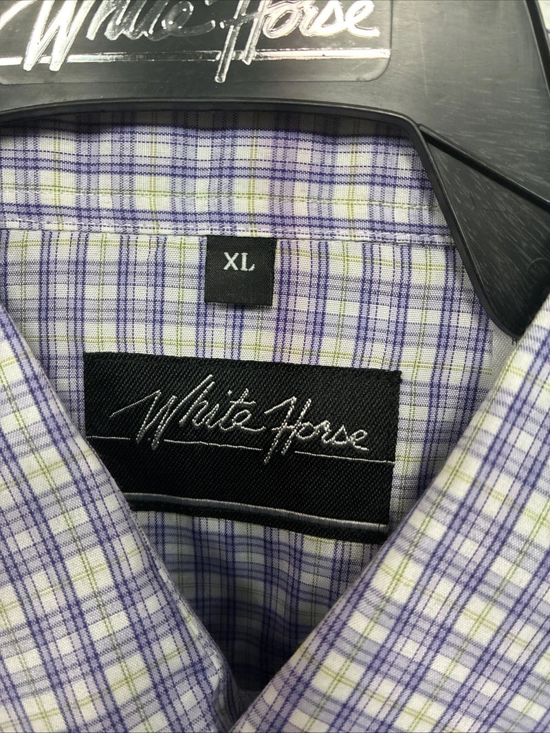 New Men’s White Horse Purple Plaid Long Sleeve Pearl Snap XL M-70