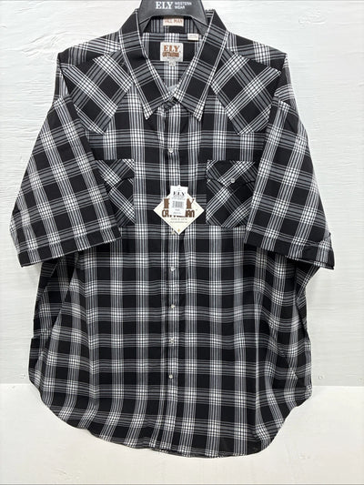 New Men’s ELY Cattleman Black White Flannel Short Sleeve Pearl Snap 4XL E-78