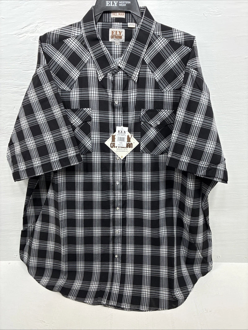 New Men’s ELY Cattleman Black White Flannel Short Sleeve Pearl Snap 4XL E-78